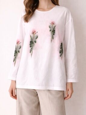 Ter Et Bantine 100% Cotton Floral Beaded Tunic Blouse Boho size L  (IT-40)